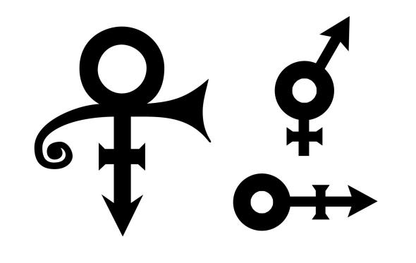 O símbolo de Prince (esquerda), ao lado dos símbolos da comunidade genderqueer
