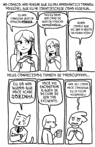 NO COMEÇO, NÃO PENSAR QUE EU ERA ARROMÂNTICA TORNOU POSSÍVEL QUE EU ME IDENTIFICASSE COMO ASSEXUAL. EU NÃO CONSIGO SENTIR ATRAÇÃO FÍSICA... MAS EU DEVO SER CAPAZ DE SENTIR ATRAÇÃO romântica... SENÃO, COMO É QUE VAI SER O RESTO DA MINHA VIDA? MEUS CONHECIDOS TAMBÉM SE PREOCUPAVAM... EU SÓ NÃO QUERO QUE VOCÊ ACABE SOZINHA. VOCÊ VAI ENCONTRAR ALGUÉM SE DEIXAR DE SER TÃO EXIGENTE. NÃO SEI COMO VOCÊ CONSEGUE, EU IA FICAR MISERÁVEL!